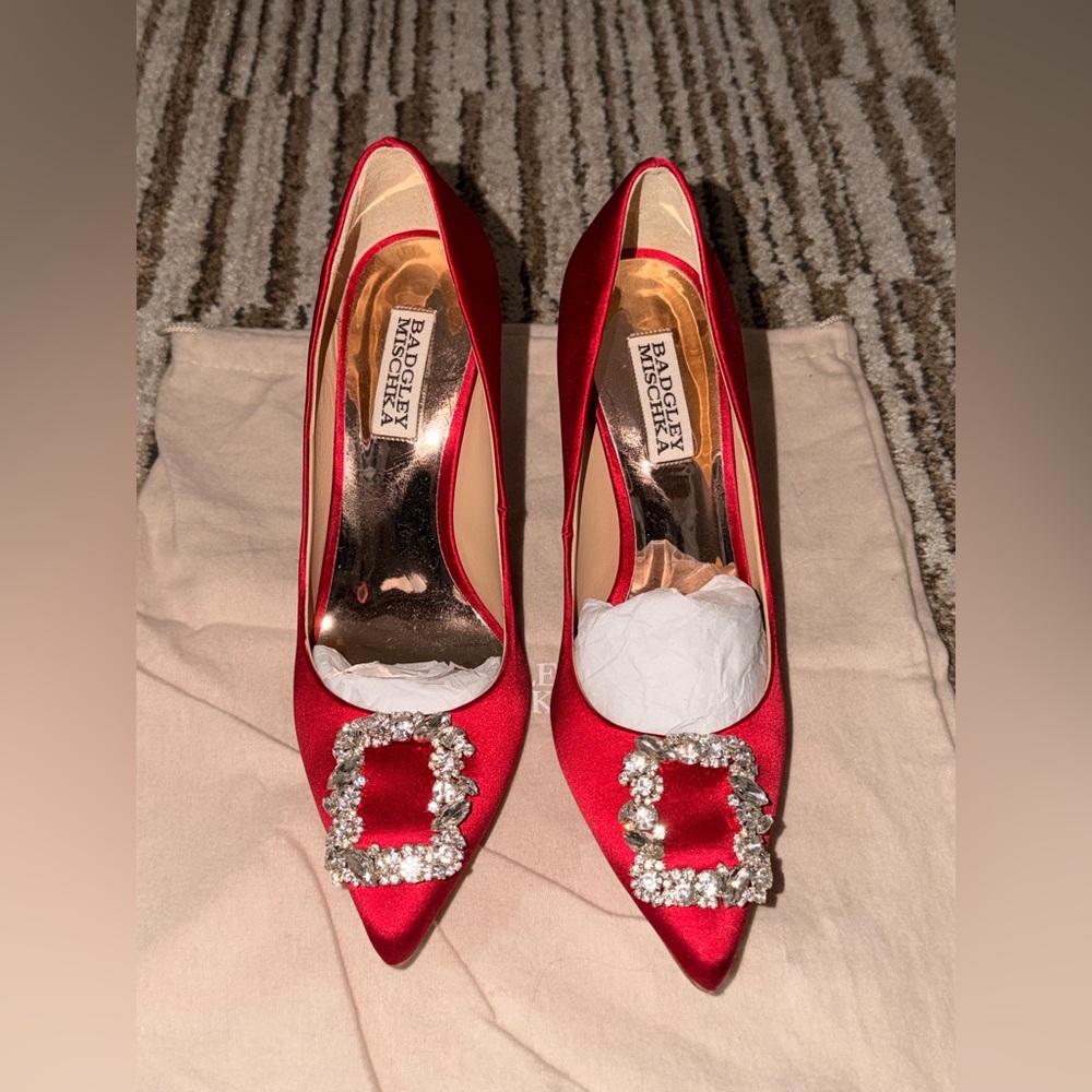 Badgley Mischka Scarlet Res Satin Heels with Sparkling Buckle